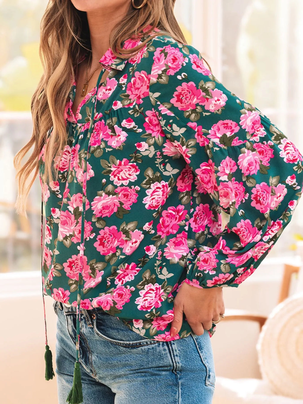 Women's Blouse Floral Pink Printed Tassel Tied Collar Puff Long Sleeve Top 71f98d58-d5ed-493d-a791-af40724b8777-Max-Origin Trendsi
