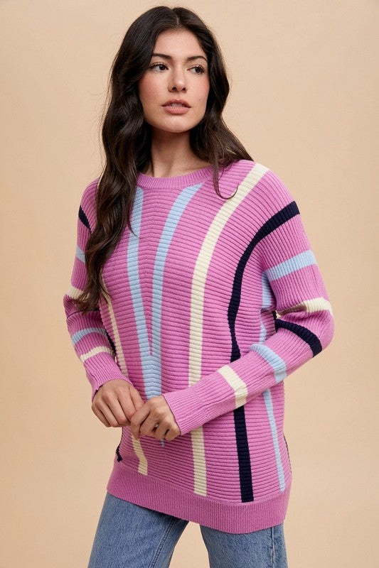 Women's Sweater Annie Wear Chevron Stripe Round Neck Ribbed Long Sleeve 71fad448-b860-410b-9675-3f23fe8a15d4-Max Trendsi