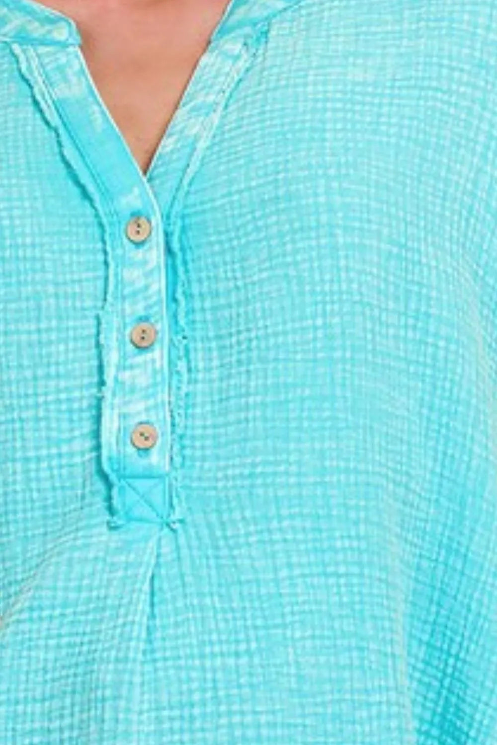 Zenana Top Sky Washed Double Gauze Half Button Henley Neck Shirt Blouse 720a5875-ccd4-4858-9d56-5162a6a84872-Max-Origin Trendsi