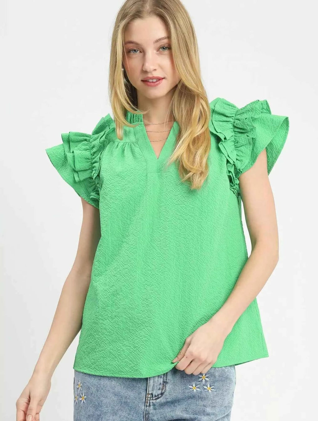 Umgee Blouse Green Textured Ruffle Short Sleeve Notched Top GREEN 720f1a33-30cd-44de-9dbc-e32abc80bc28-Max-Origin Trendsi