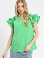 Umgee Blouse Green Textured Ruffle Short Sleeve Notched Top GREEN 720f1a33-30cd-44de-9dbc-e32abc80bc28-Max-Origin Trendsi