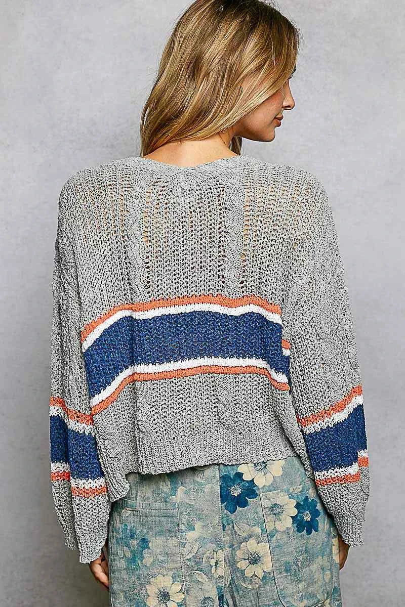 POL Sweater V-Neck Striped Pattern Cropped Knit Top with Cable Knit Detail 7211819a-595e-4f27-8ab2-8f322e818ca5-Max-Origin Trendsi