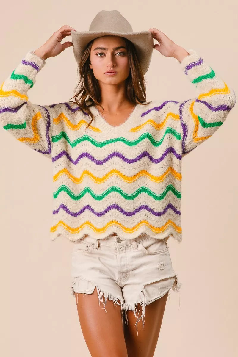 BiBi Womens Sweater Mardi Gras Wavy Stripes V-Neck Open Knit Pullover 7212038b44d64621ab72900c84c0a50c-Max-Origin Trendsi