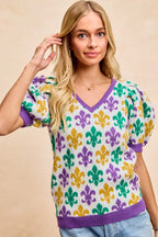 BiBi Women V Neck Knit Top Mardi Gras Fleur De Lis Patterned Short Sleeve 721c91d9caff44ef98f71870012b698d-Max-Origin Trendsi