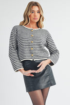 Aemi + Co Cardigan Black Striped Cotton Knit Classic Long Sleeve Buttoned 721cfc99-6423-48b0-b3ae-5df25afd9606-Max Trendsi
