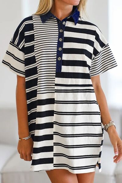 Striped Mini Shirt Dress Cotton Half Button Black Short Sleeve 7225b38a-d789-4379-b19d-e116277c874c-Min Trendsi