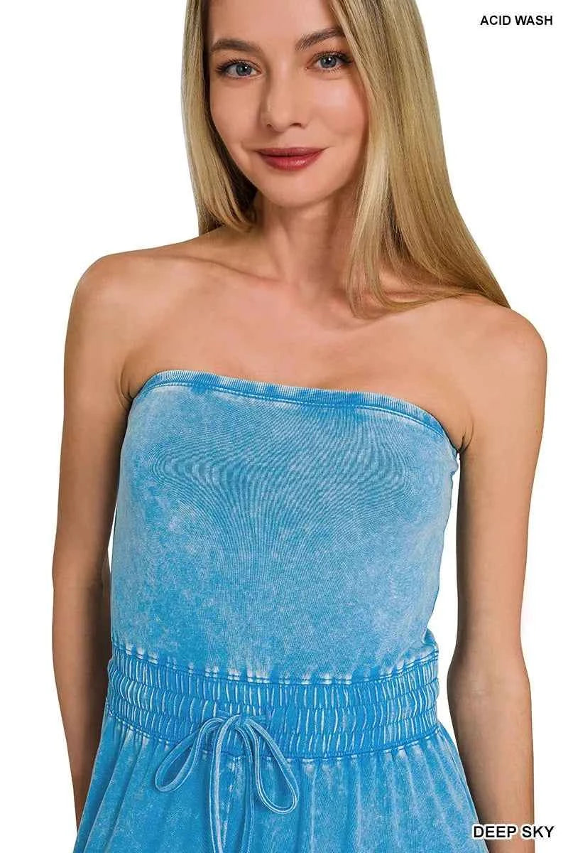 Zenana Acid Washed Strapless Tube Top Jumpsuit