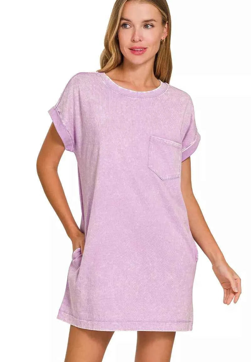 Zenana Premium T-Shirt Dress Cotton Lavender Washed Short Sleeve with Pocket B LAVENDER 722de29762aa43dc87cc434ef79c1a22-Max-Origin Trendsi