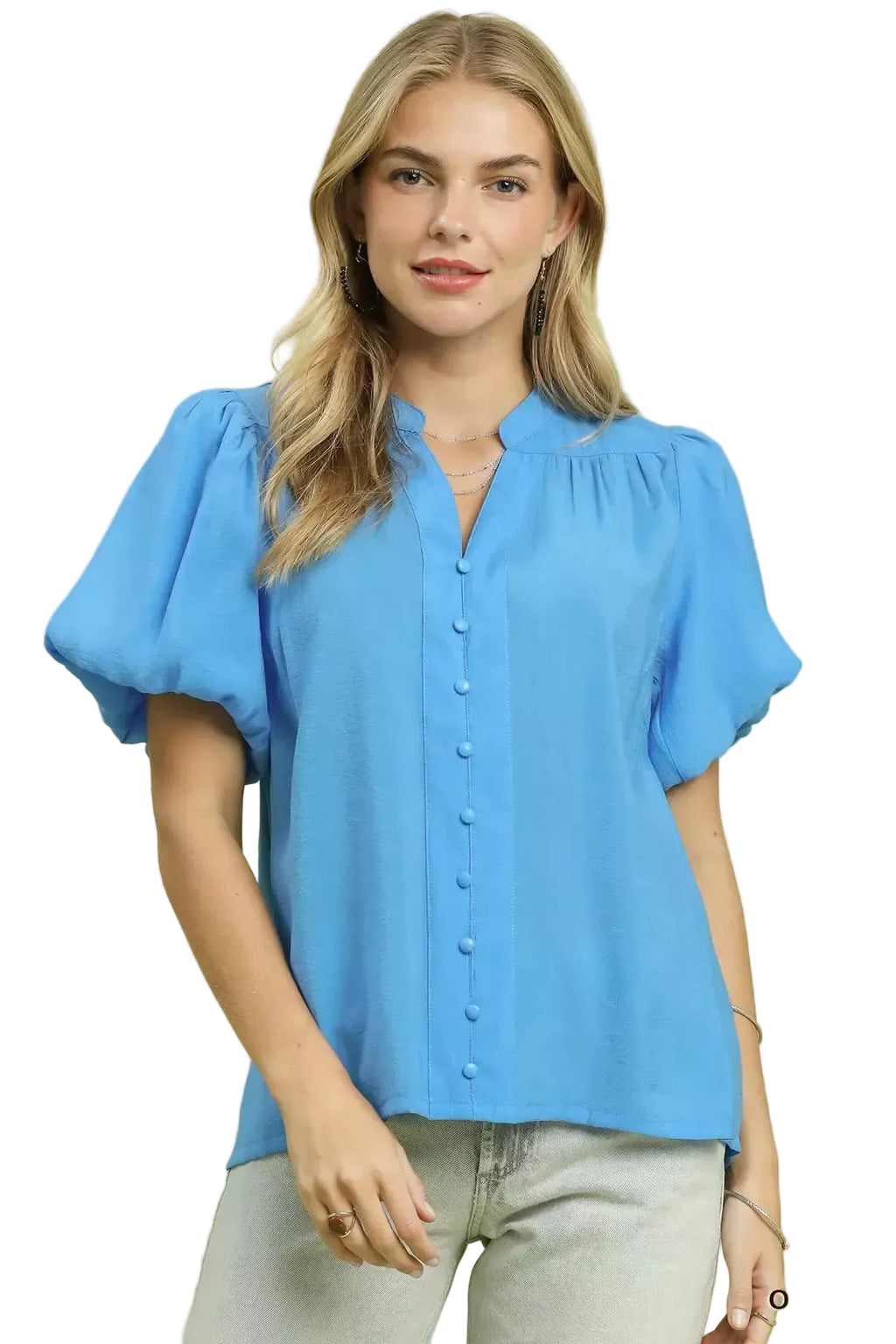Umgee Button-Down Shirt with Romantic Puff Sleeves