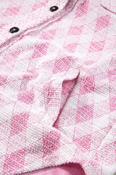 Women's Shacket Pink Geometric Print Textured Flap Pockets Long Sleeve Outwear 7233910a-9605-4eae-8fb5-be901b26d736-Min Trendsi