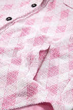 Women's Shacket Pink Geometric Print Textured Flap Pockets Long Sleeve Outwear 7233910a-9605-4eae-8fb5-be901b26d736-Min Trendsi