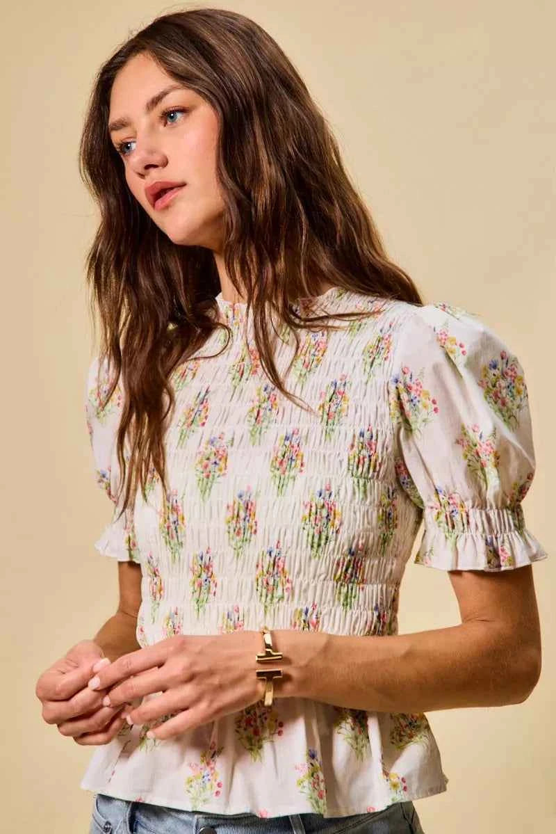 SO ME Floral Cotton Smocked Short Sleeves Blouse