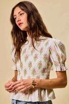 SO ME Floral Cotton Smocked Short Sleeves Blouse