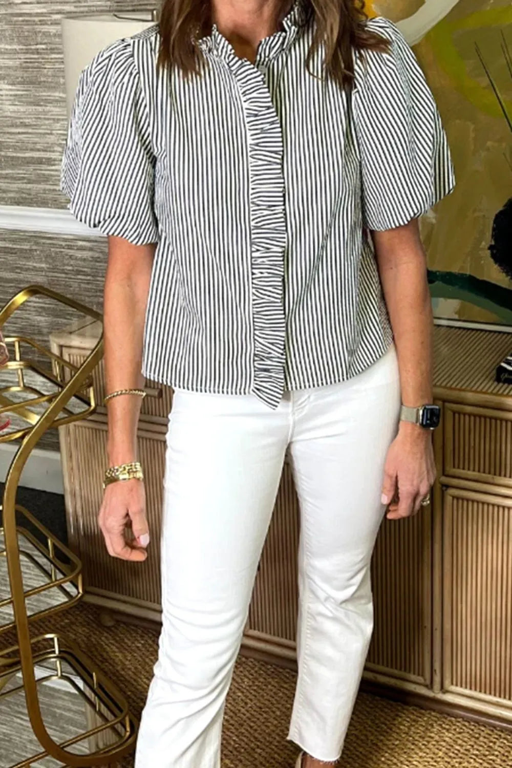 Women's Shirt Striped Ruffle Short Bubble Sleeve Mock Neck 7250a026-fac0-478e-9c9d-069da00ad91a-Max-Origin Trendsi