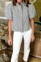 Women's Shirt Striped Ruffle Short Bubble Sleeve Mock Neck 7250a026-fac0-478e-9c9d-069da00ad91a-Max-Origin Trendsi