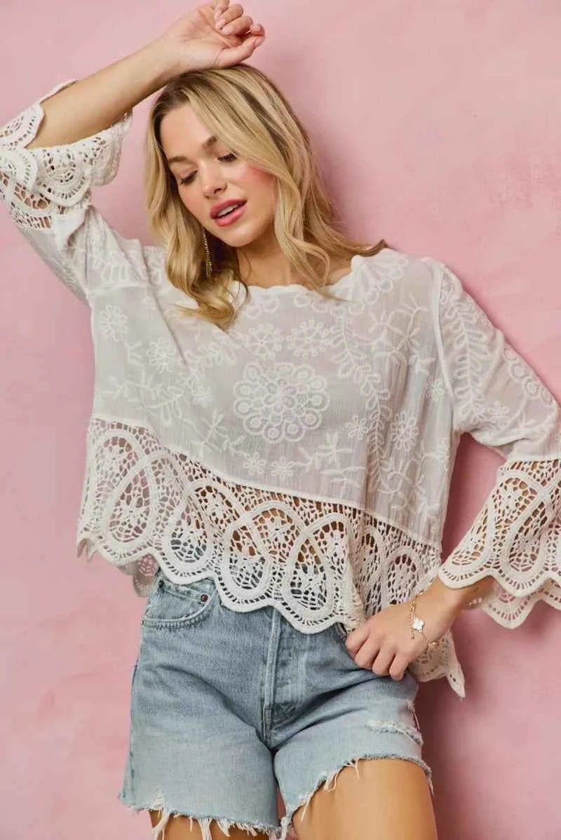 SO ME Floral Embroidered Crochet Lace Trimmed Top