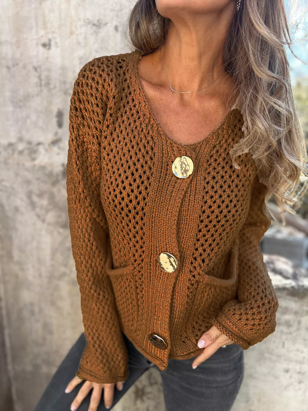 Women's Cardigan Crochet Knit Button Up Long Sleeve Brown 725504af-cb5c-4af2-a792-fca7b55eccbd-Max-Origin Trendsi