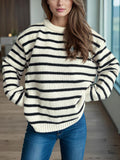 Striped Sweater Round Neck Long Sleeve Oversized Soft Knit Pullover White One Size 7259a11d-c982-43ce-888d-408e7730d439-Max Trendsi