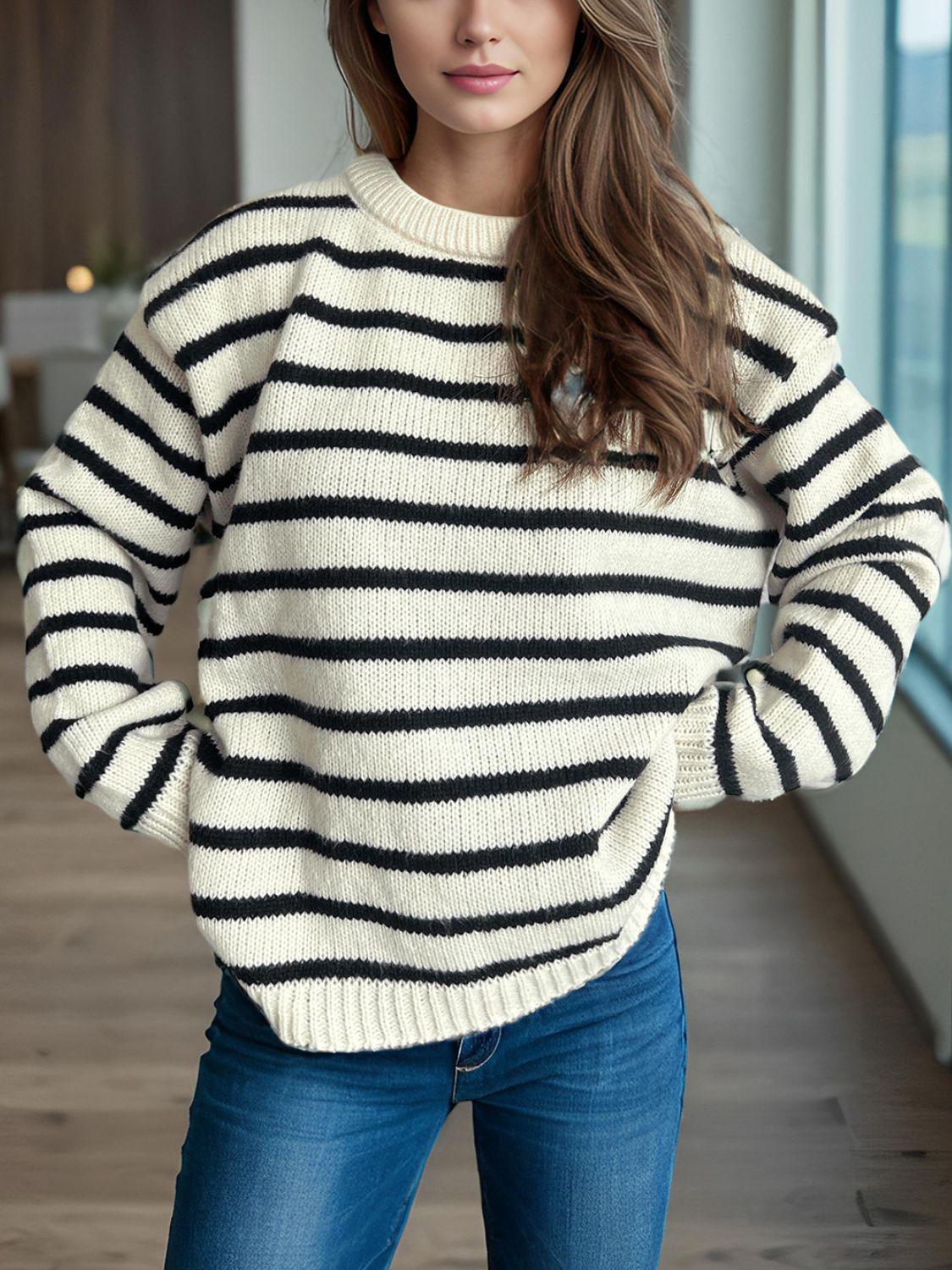Striped Sweater Round Neck Long Sleeve Oversized Soft Knit Pullover White One Size 7259a11d-c982-43ce-888d-408e7730d439-Max Trendsi