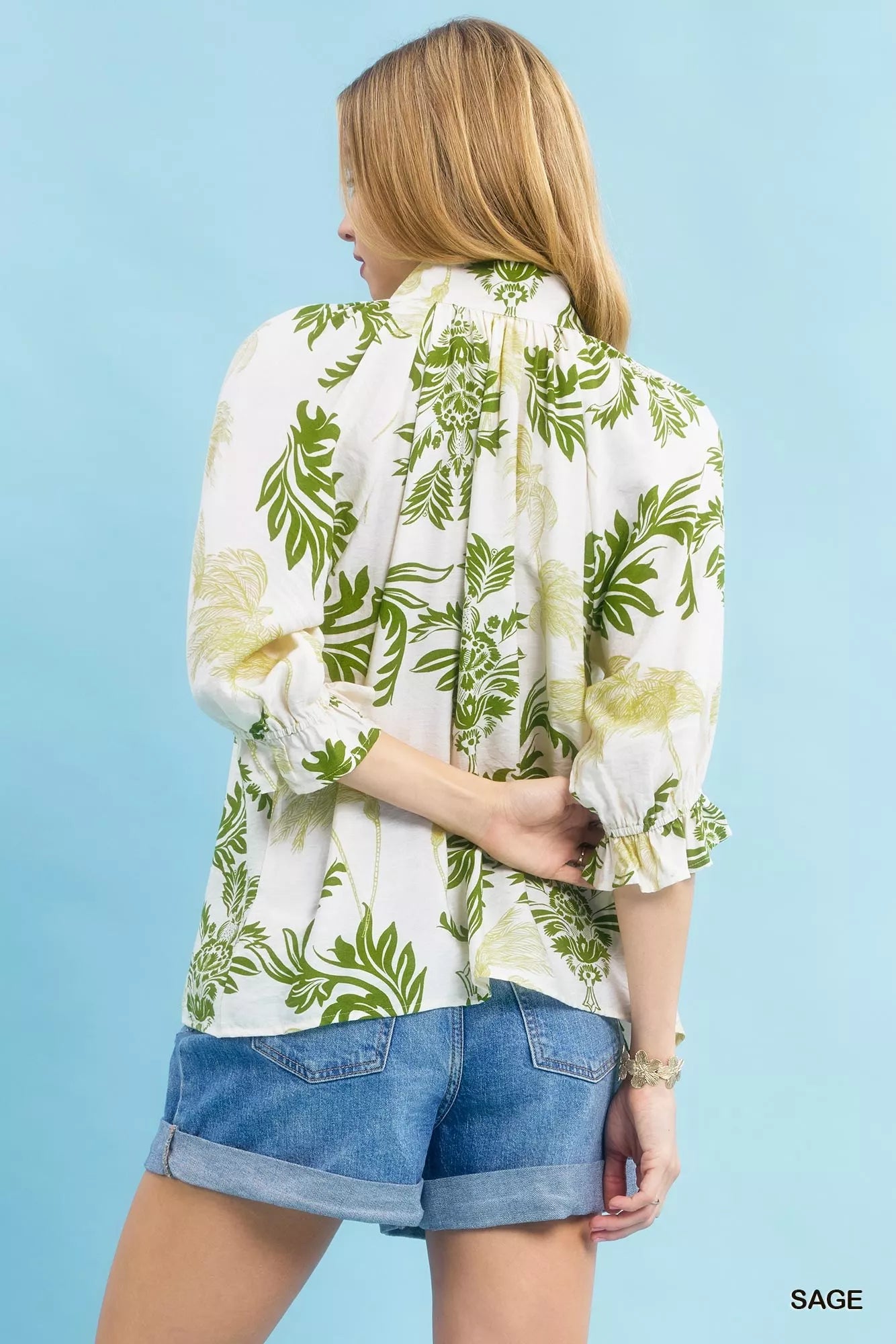 Umgee Blouse Green Leafy Damask Print Blouse with Contrast Scalloped Trim 7261f3ad-2dac-4bcf-b7cc-6a2cf0aa79cb-Max-Origin Trendsi