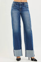 RISEN Womens Wide Straight Jeans Mid Rise With Wide Cuff Dark Wash 726873c01c014c4cae327f54b0ac15b8-Max-Origin Trendsi