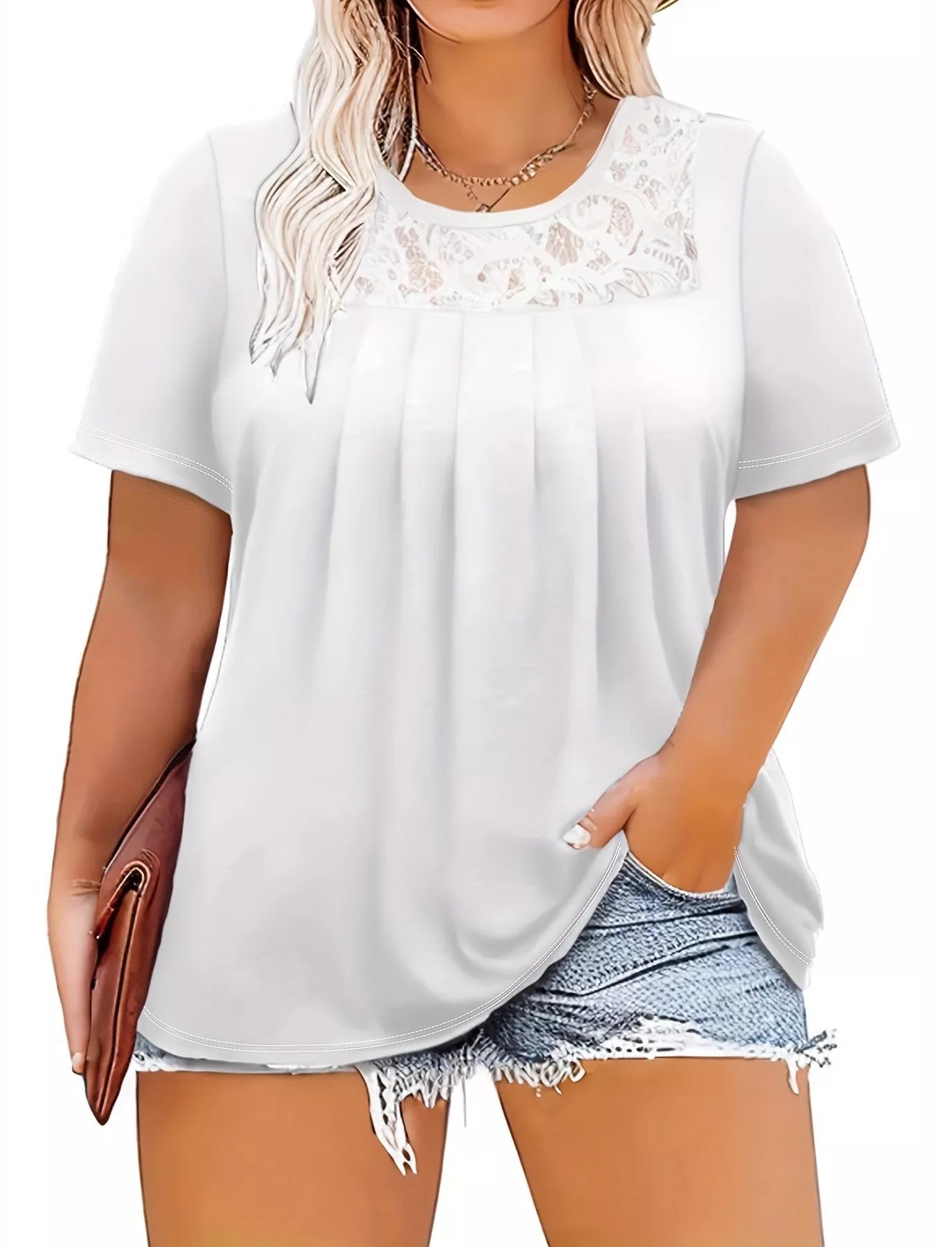 Plus Size Short Sleeve Top with Lace Detail