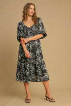 Umgee USA Dress Floral Black Smocked Ruffle V-Neck Knee Length 3/4 Sleeve Black 726aa018-7bf7-4b75-93bc-d618d2140c4e-Max Trendsi