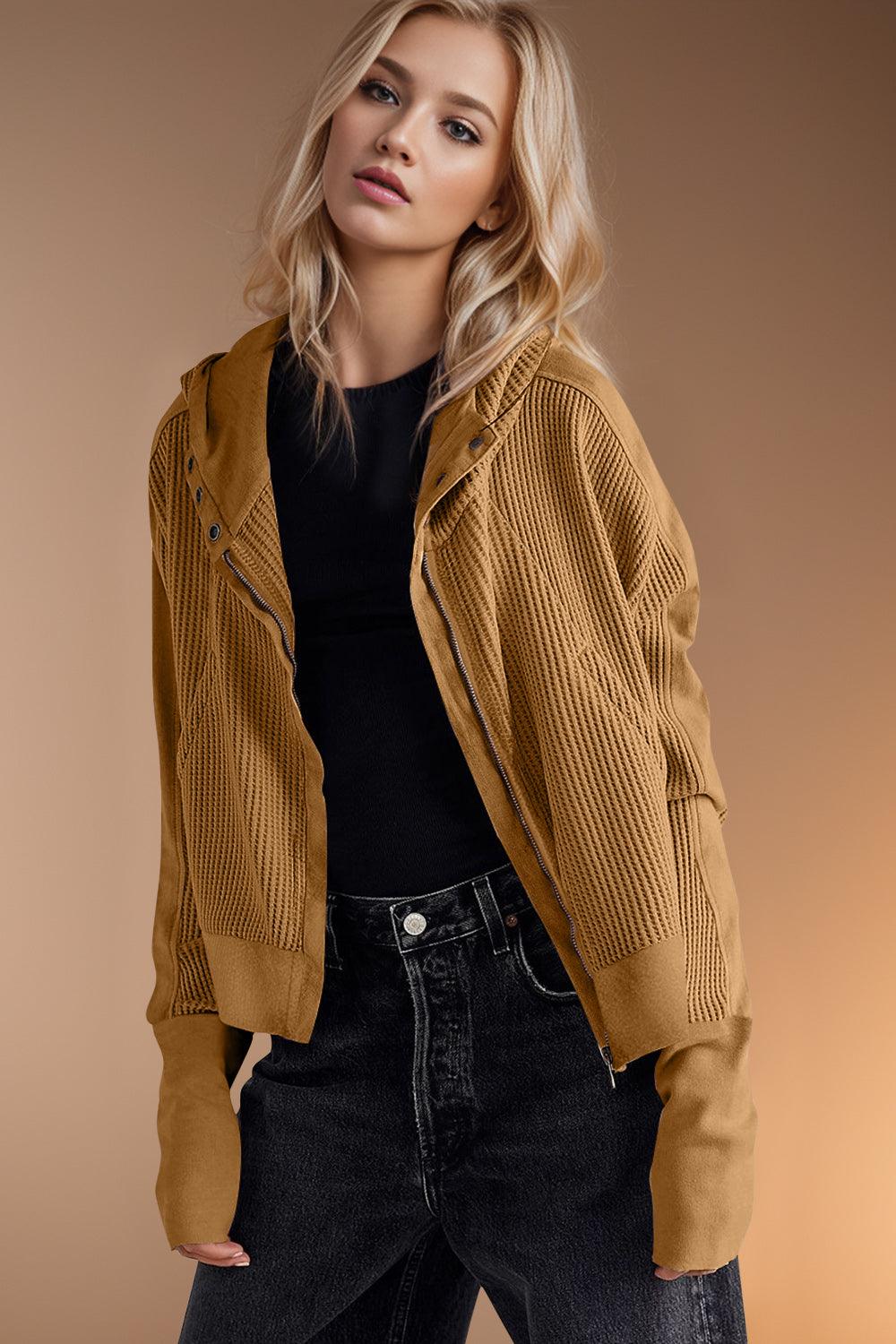 Double Take Hooded Jacket Waffle-Knit Zip Up Long Sleeve 726d527b-4759-44f8-94f3-b2c31ec7f93a-Max Trendsi