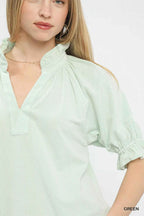Umgee Blouse Textured Light Green Ruffle Short Sleeve V-Neck Top 726db64b-6a69-4fc2-87ee-c8943b6e6995-Max-Origin Trendsi
