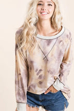 BiBi Womens Pullover Tie Dye Taupe Multi Terry With Contrast Stitching Top 726de404dbc54071aba9e78b4194a251-Max-Origin Trendsi