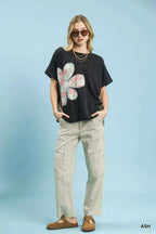 Umgee Blouse Ash Black Mineral Wash Flower Patch French Terry Top Short Sleeve 7275cf7b-7912-40af-991e-ec6c408a0c55-Max-Origin Trendsi