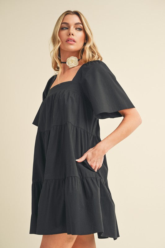 Aemi + Co Mini Dress Black Ruffle Square Neck Half Sleeve Tiered 7278aad6-6834-470d-9541-086562cbf61f-Max Trendsi