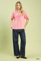 Umgee Blouse Rose Scalloped Trim with Puff Short Sleeves Top 72798767-510b-43d7-9084-ecc30173a562-Max-Origin Trendsi