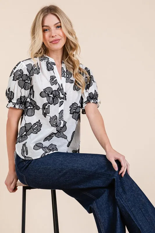 Lime 'N' Chili Blouse Floral Black Ivory Embroidered Split Neck Puff Sleeve 7279951dffe747eda20f927028674fd9-Max-Origin Trendsi