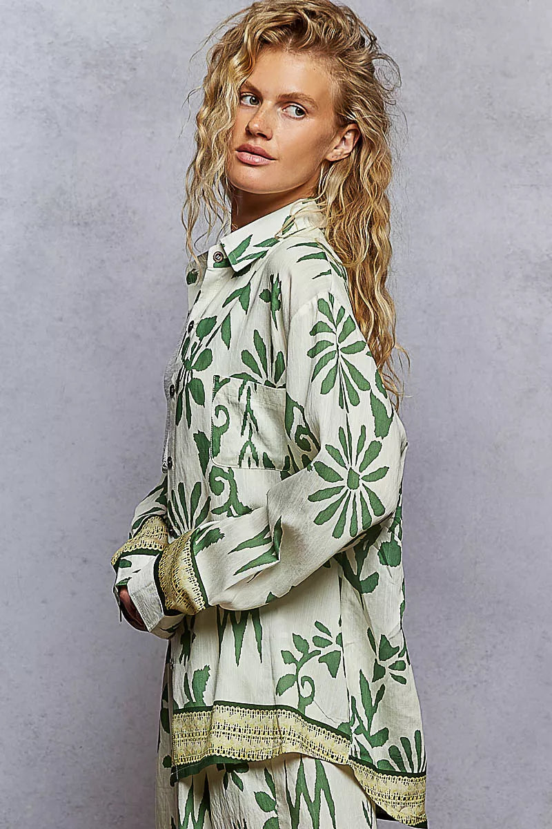 POL Womens Shirt Ivory Green Floral Button Long Sleeve Pocketed Top 727ca371-c703-47f4-94c4-aefd2e750511-Max-Origin Trendsi