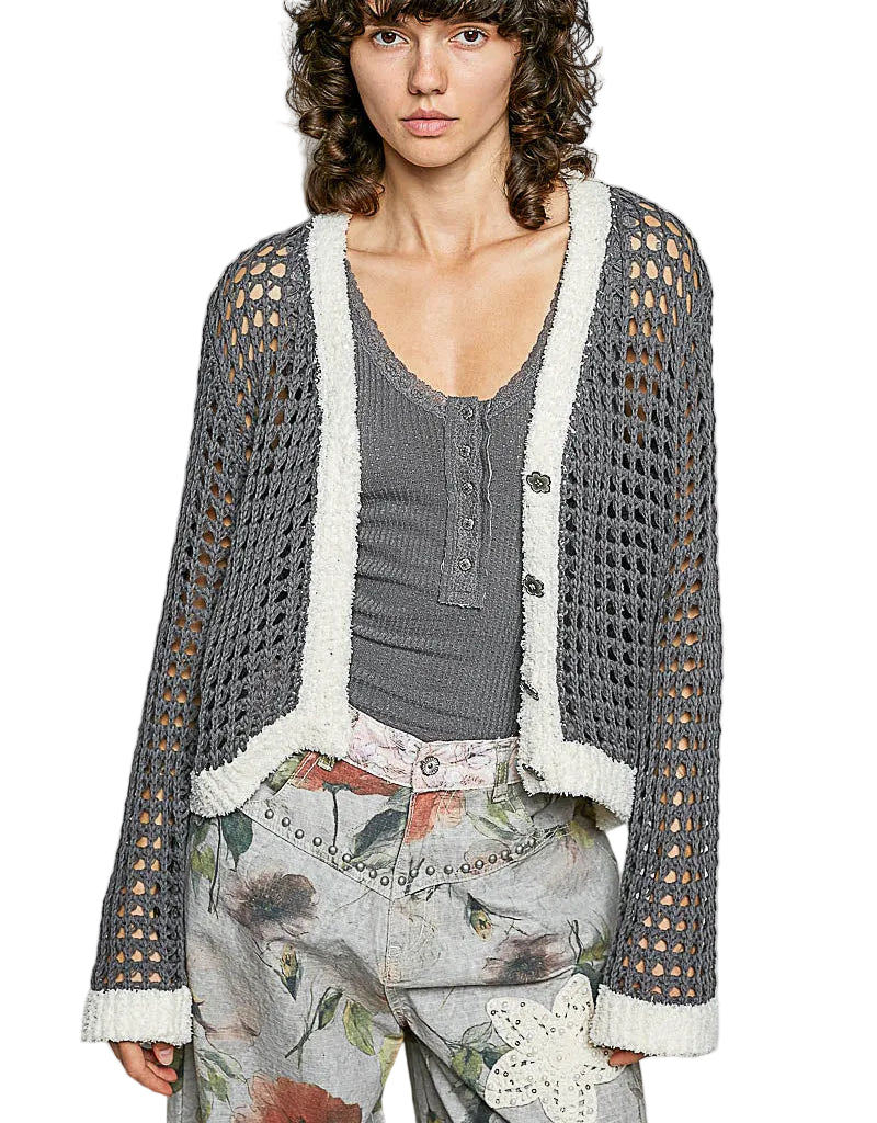 POL Openwork Contrast Cardigan with Floral Metal Buttons
