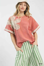 Umgee Blouse Rose French Terry Top with Flower Patch Short Sleeve 7280fe82-8b5c-46ad-9312-e95a55399490-Max-Origin Trendsi