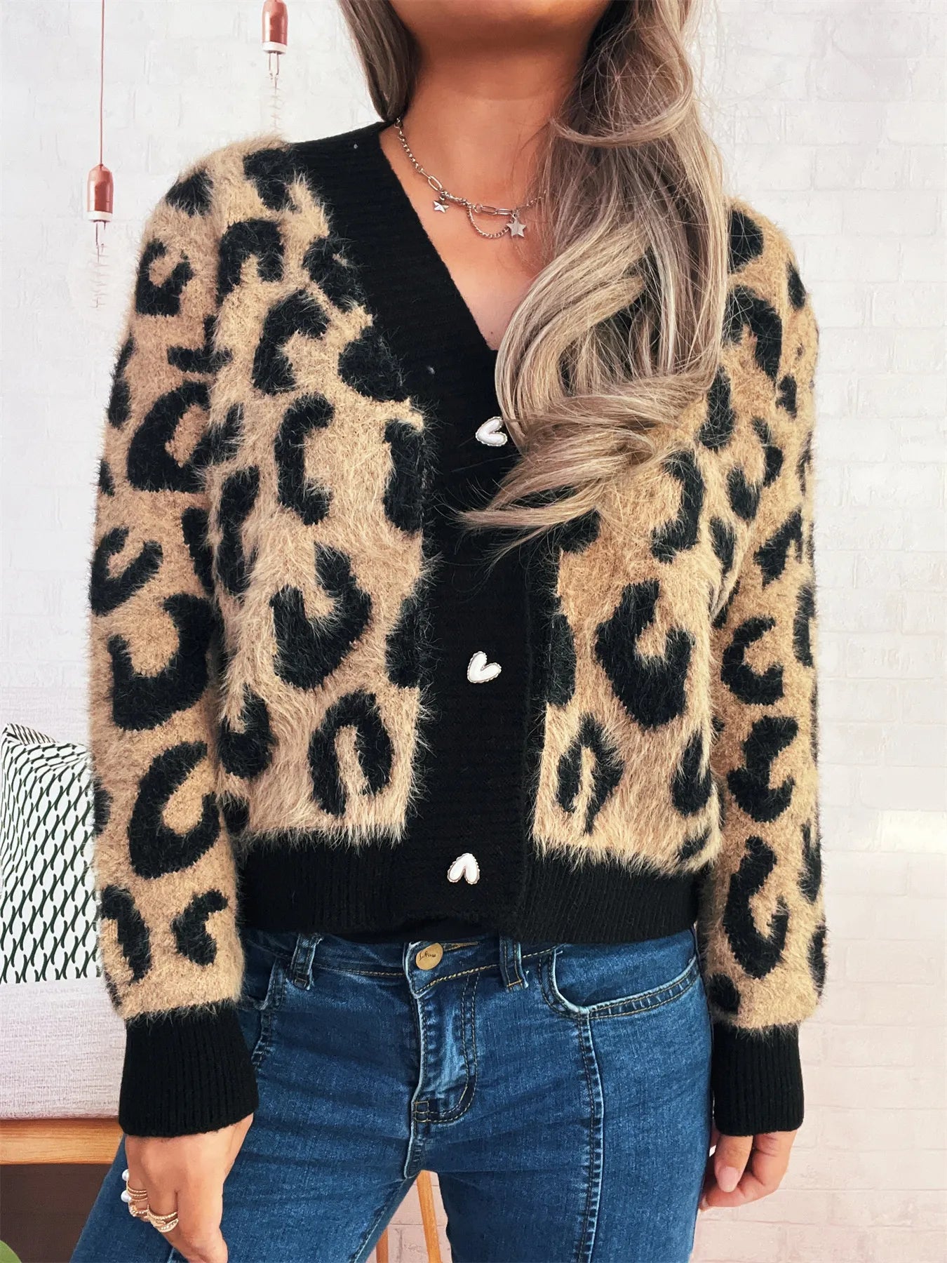 Women's Cardigan Leopard Fuzzy Button Up Long Sleeve 728372c099bb4898a6245c2caccf57fc-Max-Origin Trendsi