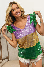 BiBi Womens Blouse Mardi Gras Sequin Color Block Ruffled Top Short Sleeve 7286044c824f4d6b9d81719c9dd654c6-Max-Origin Trendsi