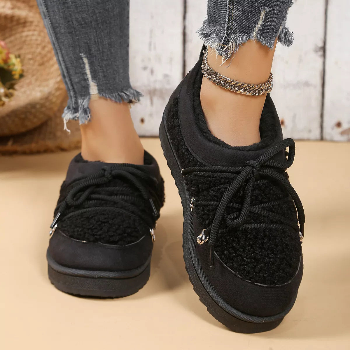 Women's Ankle Boots Lace Up Round Toe Platform Fluff Shoes Black 728b17e7e6c845f987c73bb7d4ec0e47-Max-Origin Trendsi
