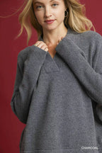 Umgee Sweater Gray V-Neck with Wide Trim Detail Ribbed Pullover 728cc6b9-8ce6-43aa-af22-72eb68af2f62-Max-Origin Trendsi