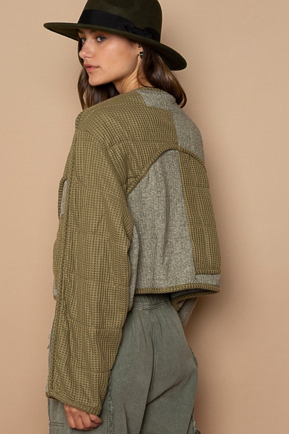 POL Jacket Quilted Knit Olive Viding Detail Patch Zip Up Long Sleeve 7292eb32-e1e9-4e66-a2e5-c9596ae3784e-Max Trendsi