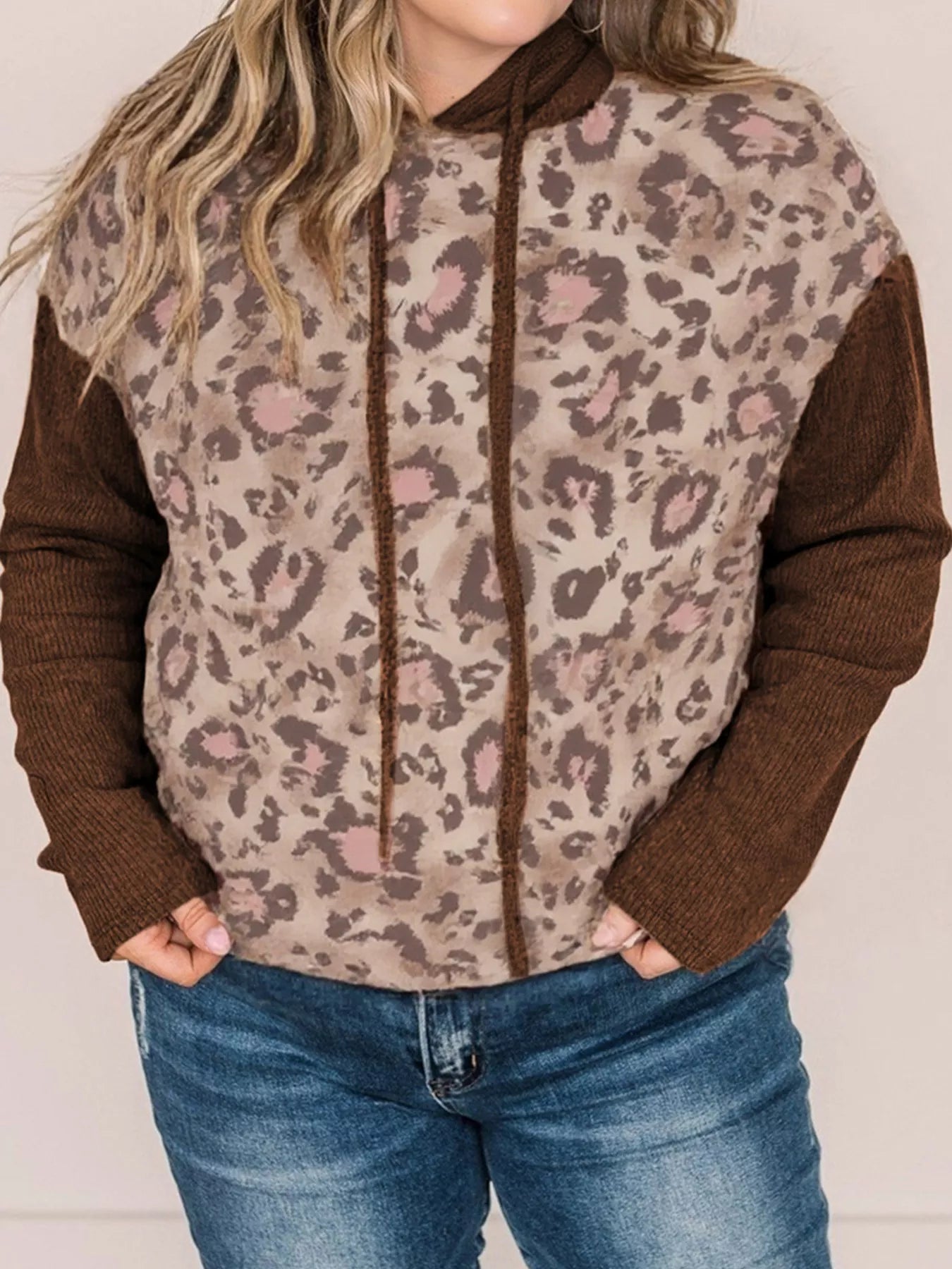 Plus Size Leopard Print Long Sleeve Hoodie with Drawstring