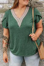 Plus Size V-Neck Blouse with Petal Sleeves