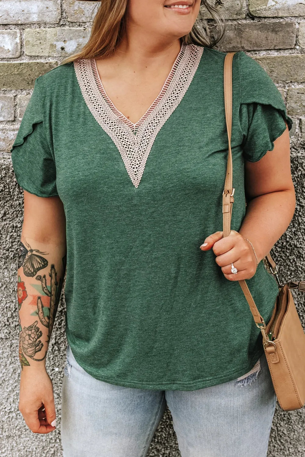 Plus Size V-Neck Blouse with Petal Sleeves