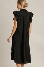 Umgee Midi Dress Black Ruffle Johnny Collar Short Cap Sleeve Tiered 729f3098-87b1-4c71-9631-e9c94ede2e05-Max Trendsi