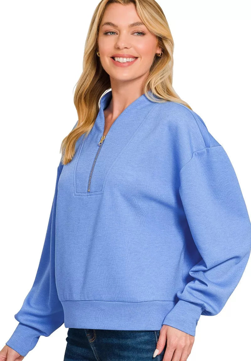 Zenana Scuba Half Zip Drop Shoulder Sweatshirt CORNFLOWER BLUE 72aaea0a5b04410cbae0768dce85e842-Max-Origin Trendsi