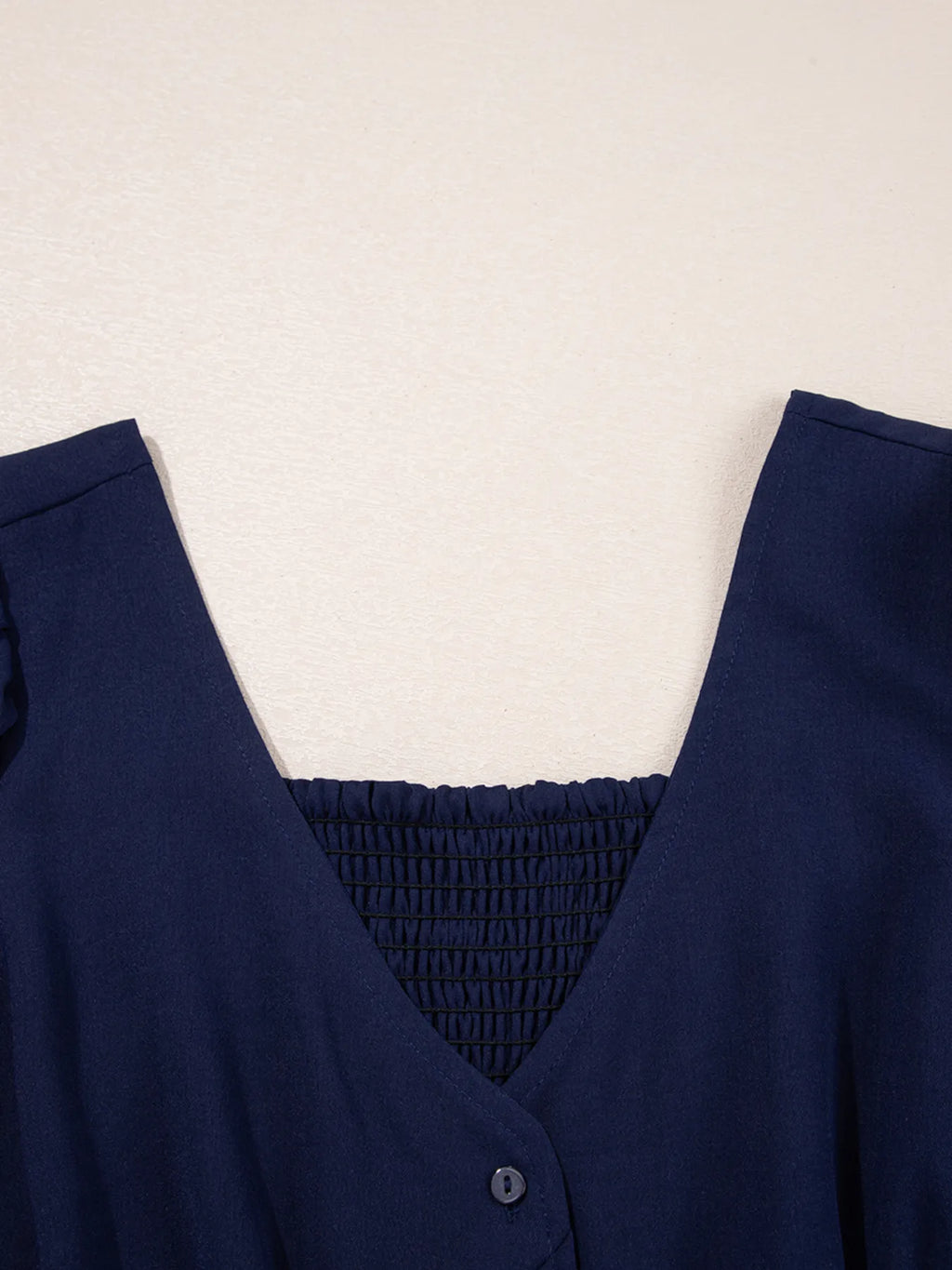 Midi Dress Navy Blue V Neck Buttoned Front Shirred Back Short Sleeve 72b87f986f7e453c81ce1fe98316427d-Max-Origin Trendsi