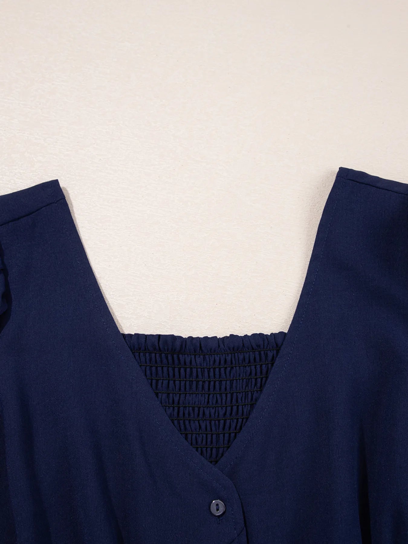 Midi Dress Navy Blue V Neck Buttoned Front Shirred Back Short Sleeve 72b87f986f7e453c81ce1fe98316427d-Max-Origin Trendsi