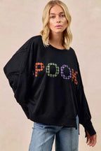 BiBi Women Sweatshirt Oversized Black Spook Plaid Letter Print Long Sleeve Top BLACK 72ba39d455304c8ca2966e998f8beff8-Max-Origin Trendsi